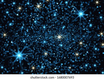 Abstract blue bokeh. Falling confetti with glowing highlights. Vector illustration template. Banner, poster, postcard.