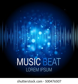 Abstract blue bokeh lights background. Detailed vector illustration. Music beat. Abstract equalizer. Sound Wave. Audio equalizer technology. 