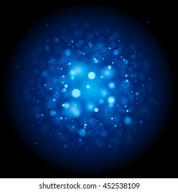 Abstract blue bokeh lights and sparkles. Isolated on a black background. Empty space for text. Detailed vector illustration. 