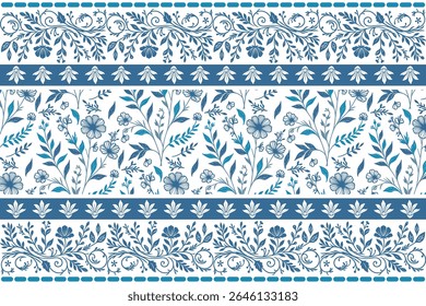 abstract blue border floral artwork with flowing petal sketches and continuous line leaves for bedding and covers

