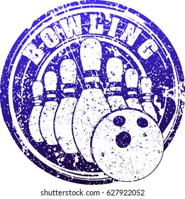 Abstract blue bowling design with skittles and bowling ball in rubber stamp grunge style.