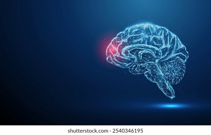 Cérebros azuis abstratos com mancha vermelha. Doenças cerebrais, tratamento médico e conceito de farmácia Fundo geométrico baixo estilo poli. Estrutura de conexão leve wireframe. Conceito gráfico 3D moderno. Vetor