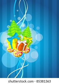 abstract blue bubbles, stripes and snowflakes background with decorated balls, gifts and xmas tree