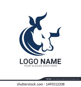 Abstract blue bull head. Bull logo design. Vector editable logo