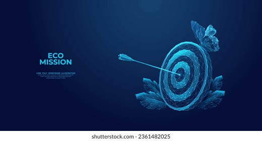 Abstract blue butterfly sat on the target with a bow arrow in the bullseye. Digital aim, insect, and leaves. Innovation and business goal concept. Futuristic low poly wireframe vector illustration.