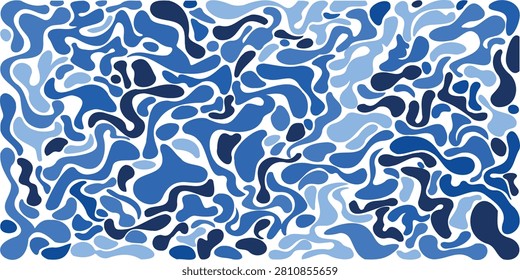 An abstract blue camouflage pattern on a white background with various shapes