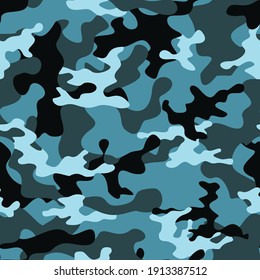 
Abstract blue camouflage trendy vector pattern, repeat print. Street style design.