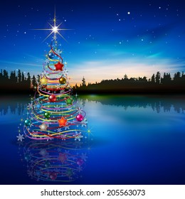 Abstract blue celebration greeting with Christmas tree and forest lake