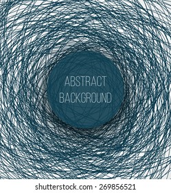Abstract blue chaotic sketch lines background and circle banner with shadow. Vector illustrtion
