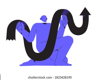 Abstract blue character holding growing stat or data black arrow in hands. Trendy minimalistic male person for ui, web design. Business profit growth, company statisctics and sales analysis concept.