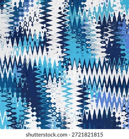 Padrão de divisa azul abstrato. Textura em ziguezague grunge semelhante a tinta de gravata ou tecido ikat. Ilustração vetorial geométrica moderna adequada para design têxtil, impressões de moda, papel de parede, cachecol, têxtil.