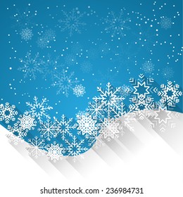 abstract blue christmas background template with falling white snowflakes, flat shadow effect