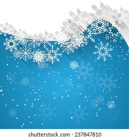 abstract blue christmas background template with falling white snowflakes, flat shadow effect