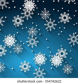 abstract blue christmas background template with falling white snowflakes, flat shadow effect