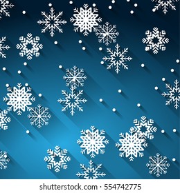 abstract blue christmas background template with falling white snowflakes, flat shadow effect
