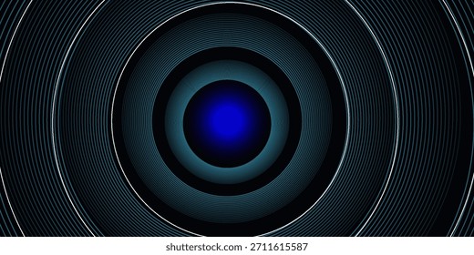 Abstractas rayas de línea circular azul sobre fondo azul oscuro. Patrón de líneas de círculo semitono degradado. Dimensión de líneas geométricas dinámicas. Elemento de Diseño gráfico moderno. Concepto futurista
