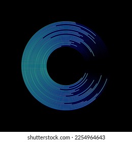 Abstrakte blaue Kreislinien auf schwarzem Hintergrund. Logo, Symbol oder Design-Element.