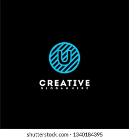abstract blue circle lines U logo letter design concept