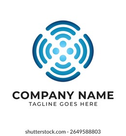 Abstract Blue Circle Logo with Four Dots in the Center and Rounded Shapes Around the Circle