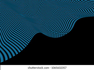 Abstract blue circle mesh wave flying on black blank space background vector illustration.