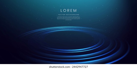 Abstract blue circles lines and lighting glowing particles on dark blue background. Vector illustration