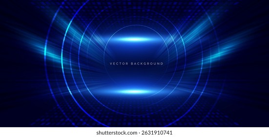 Abstract blue circles lines on dark blue background. Speed motion moving movement concept. Vector illustration.