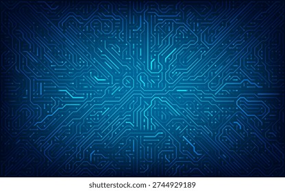 Abstract blue circuit board background with glowing connected lines. High-tech digital pattern, computer motherboard PCB design. Futuristic electronic network technology texture. Vector illustration.
