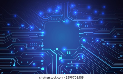 Abstract blue circuit board technology connected lines electronics elements computer motherboard chip processor semiconductor digital background vector illustration.