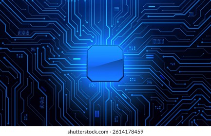 Abstract blue circuit board technology connected lines electronics elements computer motherboard chip processor semiconductor digital background vector illustration.