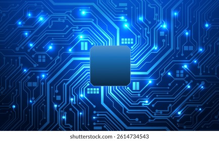 Abstract blue circuit board technology connected lines electronics elements computer motherboard chip processor semiconductor digital background vector illustration.