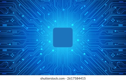 Abstract blue circuit board technology connected lines electronics elements computer motherboard chip processor semiconductor digital background vector illustration.