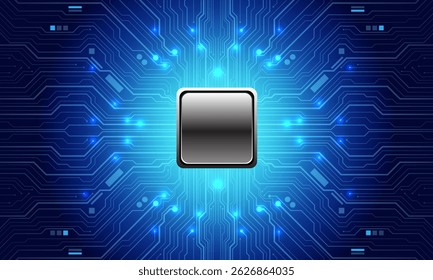 Abstract blue circuit board technology connected lines electronics elements computer motherboard chip processor semiconductor digital background vector illustration.