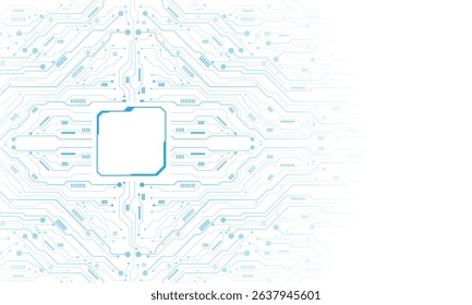Abstract blue circuit board technology connected lines electronics elements computer motherboard chip processor semiconductor digital on white background vector illustration.