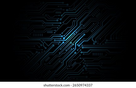 Abstrakte blaue Leiterplattentechnologie verbundene Leitungen Elektronikelemente Computer Hauptplatine Chip Prozessor Halbleiter digital auf schwarzem Hintergrund, Vektorgrafik.