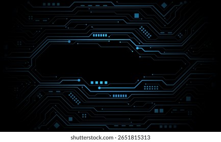 Abstract blue circuit board technology connected lines electronics elements computer motherboard chip processor semiconductor digital on black background vector illustration.
