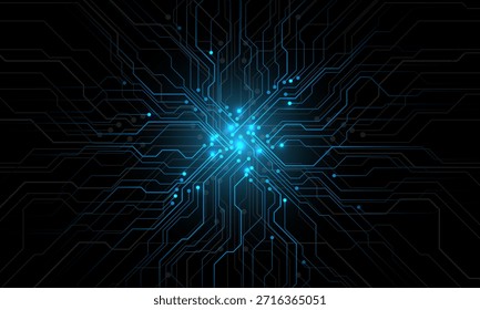 Abstrakte blaue Leiterplattentechnologie verbundene Leitungen Elektronik Elemente Computer Hauptplatine Chip Prozessor Halbleiter digital auf schwarzem Hintergrund Vektor