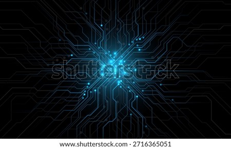 Abstract blue circuit board technology connected lines electronics elements computer motherboard chip processor semiconductor digital on black background vector