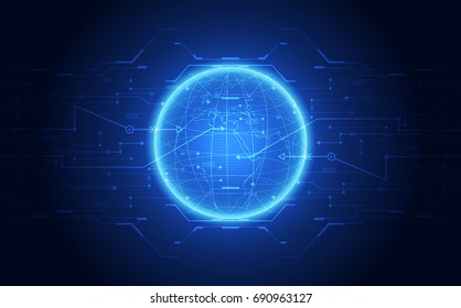 Abstract blue circuit digital technology connection on Earth concept background, vector illustration
