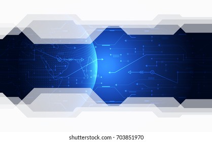 Abstract blue circuit digital technology connection on Earth concept background, vector illustration