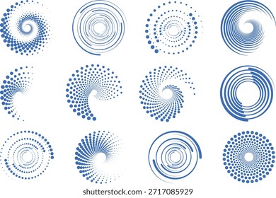 abstrakte blaue kreisförmige gepunktete Spirale und Linie Vektorsammlung, blaue radiale Punktkreise mit Drall und konzentrischen Linien Formen, moderne kreisförmige Punkt Geometrie Design Set