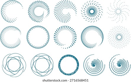 Abstrakte blaue kreisförmige geometrische Designs mit radialen Symmetrie- und Spirographenmustern einzeln auf transparentem Hintergrund