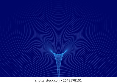 Abstract blue circular tunnel 3d background. Concentric circle wireframe tech, sound wave, wormhole geometric grid pattern of neon blue line.