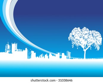 fondo de paisaje urbano azul abstracto con árbol