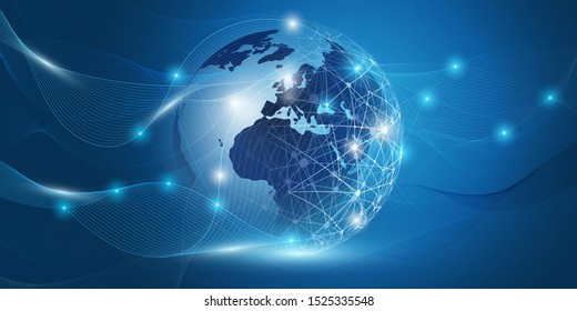 Abstract Blue Cloud Computing, Networks Structure andTelecommunications Concept Design with Earth Globe, Network Connections and Transparent Wavy Geometric Mesh - Vector Illustration