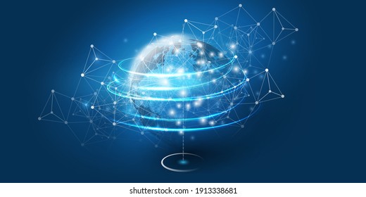 Abstract Blue Cloud Computing, Networks, Telecommunications Concept Design with Polygonal Mesh, Glowing Clusters of Nodes Around Earth - Vector Illustration 