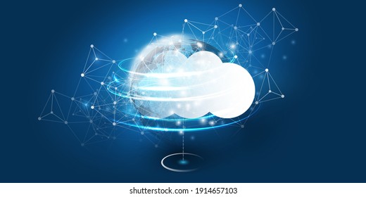 Abstract Blue Cloud Computing, Networks, Telecommunications Concept Design with Polygonal Mesh, Glowing Clusters of Nodes Around the Earth - Vector Illustration 