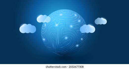 Abstract Blue Cloud Computing, Networks, Telecommunications Concept Design with Mesh, Glowing Clusters of Nodes Around a Globe - Vector Illustration