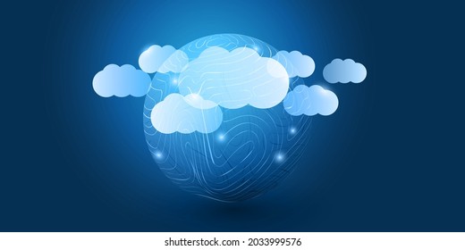 Abstract Blue Cloud Computing, Networks, Telecommunications Concept Design with Mesh, Glowing Clusters of Nodes Around a Globe - Vector Illustration