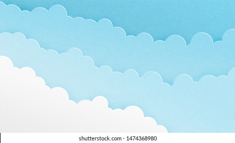 Abstract blue clouds in the sky background in paper cut style. Paper art origami made cloudscape layer. Vector illustration design for backdrop, wallpaper, poster, banner, template, book cover.