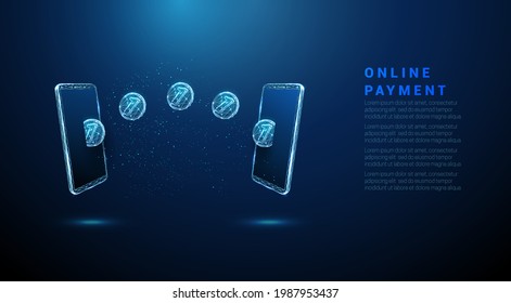 Abstract blue coins flying from one phone to another. Payment concept. Low poly style design. Geometric background. Wireframe light connection structure. Modern 3d graphic. Vector illustration.